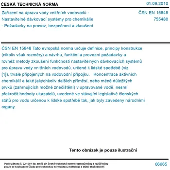 ČSN EN 15848 - Zařízení na úpravu vody vnitřních vodovodů - Nastavitelné dávkovací systémy pro chemikálie - Požadavky na provoz, bezpečnost a zkoušení - Tisk