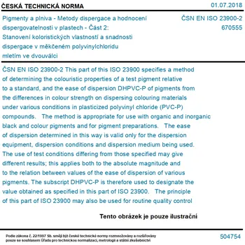 ČSN EN ISO 23900-2 - Pigmenty a plniva - Metody dispergace a hodnocení dispergovatelnosti v plastech - Část 2: Stanovení koloristických vlastností a snadnosti dispergace v měkčeném polyvinylchloridu mletím ve dvouválci - Tisk