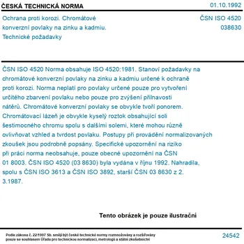 ČSN ISO 4520 - Ochrana proti korozi. Chromátové konverzní povlaky na zinku a kadmiu. Technické požadavky - Tisk