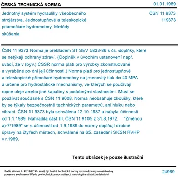 ČSN 11 9373 - Jednotný systém hydrauliky všeobecného strojárstva. Jednostupňové a teleskopické priamočiare hydromotory. Metódy skúšania - Tisk