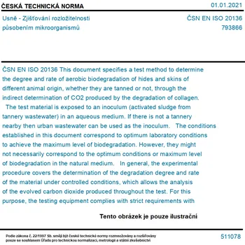 ČSN EN ISO 20136 - Usně - Zjišťování rozložitelnosti působením mikroorganismů - Tisk