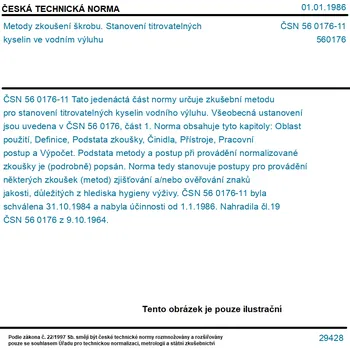 ČSN 56 0176-11 - Metody zkoušení škrobu. Stanovení titrovatelných kyselin ve vodním výluhu - Tisk