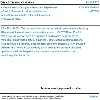 ČSN EN 13075-1 - Asfalty a asfaltová pojiva - Stanovení štěpitelnosti - Část 1: Stanovení hodnoty štěpitelnosti kationaktivních asfaltových emulzí, metoda minerálního fileru - Tisk