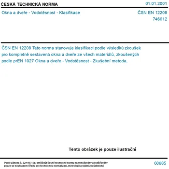 ČSN EN 12208 - Okna a dveře - Vodotěsnost - Klasifikace - Tisk