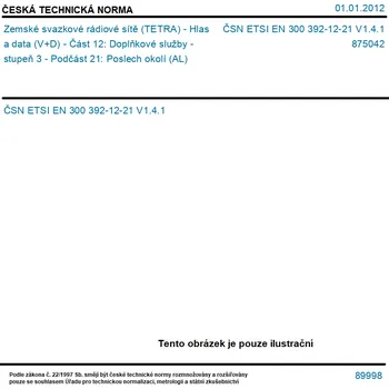 ČSN ETSI EN 300 392-12-21 V1.4.1 - Zemské svazkové rádiové sítě (TETRA) - Hlas a data (V+D) - Část 12: Doplňkové služby - stupeň 3 - Podčást 21: Poslech okolí (AL) - Tisk