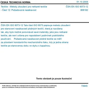 ČSN EN ISO 9073-12 - Textilie - Metody zkoušení pro netkané textilie - Část 12: Požadovaná nasákavost - Tisk