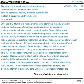 ČSN EN ISO 11202 - Akustika - Hluk vyzařovaný stroji a zařízeními - Určování hladin emisního akustického tlaku na stanovišti obsluhy a dalších stanovených místech s použitím přibližných korekcí na prostředí - Tisk