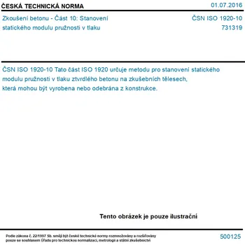 ČSN ISO 1920-10 - Zkoušení betonu - Část 10: Stanovení statického modulu pružnosti v tlaku - Tisk