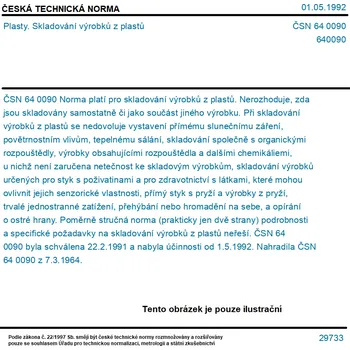 ČSN 64 0090 - Plasty. Skladování výrobků z plastů - Tisk