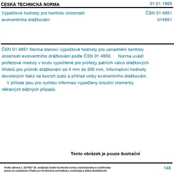 ČSN 01 4951 - Výpočtové hodnoty pro kontrolu únosnosti evolventního drážkování - Tisk