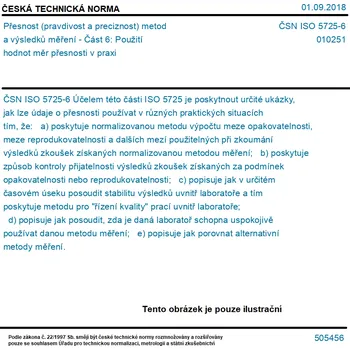 ČSN ISO 5725-6 - Přesnost (pravdivost a preciznost) metod a výsledků měření - Část 6: Použití hodnot měr přesnosti v praxi - Tisk