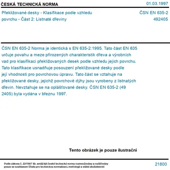 ČSN EN 635-2 - Překližované desky - Klasifikace podle vzhledu povrchu - Část 2: Listnaté dřeviny - Tisk