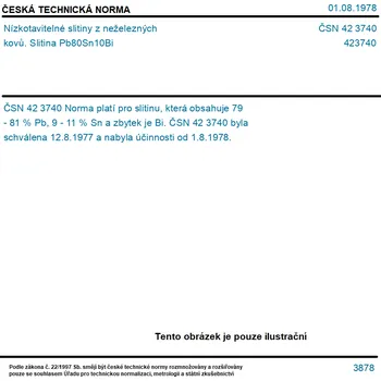ČSN 42 3740 - Nízkotavitelné slitiny z neželezných kovů. Slitina Pb80Sn10Bi - Tisk