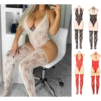 Dámská erotická souprava Krajkové body + punčochy, XS-L Barva: červená