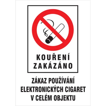 Kouření zakázáno - Zákaz používání el. cigaret v celém objektu (samolepka A4)