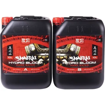 Hnojivo Shogun Samurai Hydro Bloom A+B 10L tvrdá voda (SHOGUN Samurai Hydro je kompletní dvousložková hydroponická výživa, která konkuruje všem ostatním. Obsahuje rafinované, přesně formulované složky, které zajišťují úžasný vegetativní a kvetoucí vývoj rostlin.)