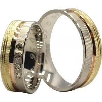 Prsten Primossa Snubní prsteny s matným povrchem a zirkony Primossa, žluté, bílé a růžové zlato - vzor č. 307 Dámský prsten: 58 mm, Pánský prsten: 58mm