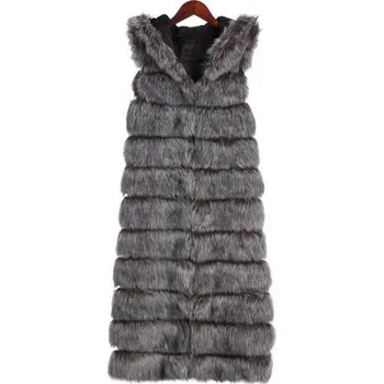 Dlouhá kožešinová vesta zimní kožich s kapucí bez rukávů Barva: Stříbrná, Velikost: 4XL