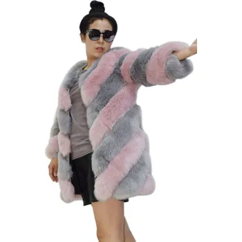 Dámská parka Dvoubarevný kožich dlouhý plyšový kabátek s pruhy Barva: Růžová, Velikost: S