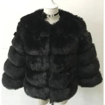 Dámská parka Dámský kožich zimní bunda chlupatý s 3/4 rukávy Barva: Černá, Velikost: 3XL