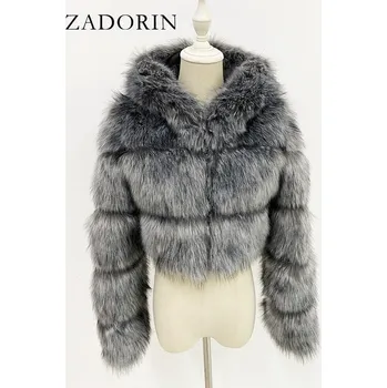 Dámský kožich Crop kožich s kapucí krátká kožešinová bunda Barva: Stříbrná, Velikost: M