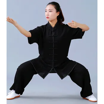 Oblečení pro bojové sporty Kung Fu, Tai Chi oblečení obleky s krátkým rukávem ---- Černý (žena)