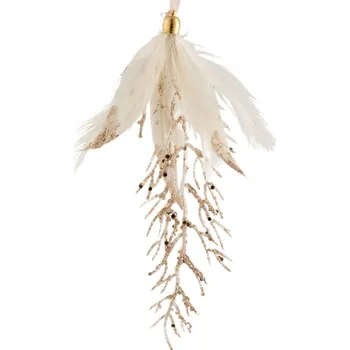 Vánoční ozdoba Závěsná ozdoba větvička se zlatými glitry a bílými peříčky - 8*2*18 cm