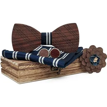 SET Dřevěný motýlek Stripe tmavě modrý Modrá