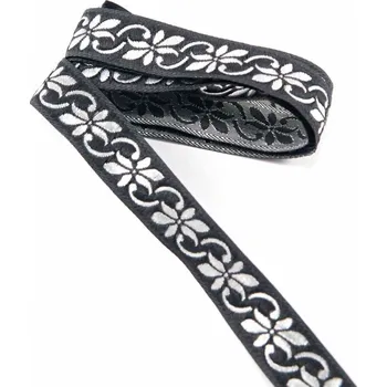 Stuha Černý prýmek se stříbrnými květinami - černá, stříbrná - šíře 1,5 cm