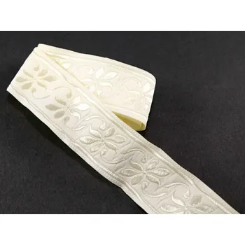 Stuha Smetanový prýmek se smetanovými květinami - smetanová - šíře 3,3 cm