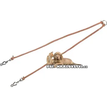 Vodítko pro psa MZ - potřeby pro lovecké psy Rozdvojka k vodítku pro dva psy kulatá kůže Klešťová karabina 50cm světlá kůže