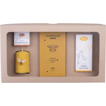 Kosmetická sada Pleva Kouzlo včelích pokladů - Medový krém na ruce 50 g, Medový balzám na rty v kelímku 20 g, Chopollen - BIO hořká čokoláda s rouskovým pylem 85 g, Svíčka ze včelího výška 6,7 cm a průměr 4 cm, Ozdobný špendlík Včela 1 ks, dárková sada