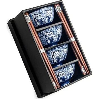 Sada nádobí Made in Japan Souprava Japonských misek s hůlkami - Kočky štěstí 11,5 cm - 4 ks v dárkovém balení