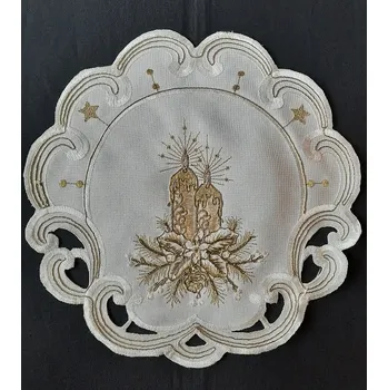 Vánoční dekorace UBRUS vyšívaný prům. 30cm vánoční šampáňo + zlato