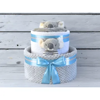 plenkový dort dortNEdort Dvoupatrový plenkový dort II. zdobený dvěma koalami Modrá mašle a náplň pro chlapečka 55_MIM