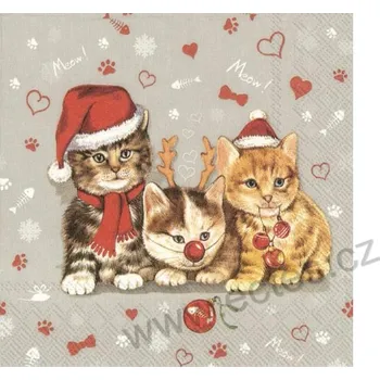 Papírový ubrousek IHR CATS CELEBRATION šedý papírový dekorační menší ubrousek na découpage vánoční kočky