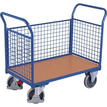 Plošinový vozík Variofit Plošinový vozík se dvěma madly a boční stěnou mřížovanou, Variofit, do 500 kg, 119 x 70 x 101,5 mm, modrá/antracit Barva: modrá RAL5010