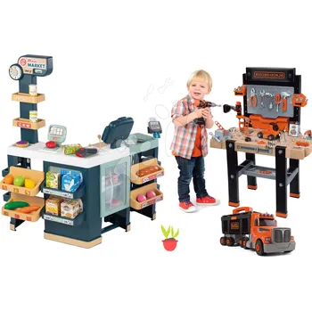 Dětské zboží Set obchod elektronický smíšené zboží s chladničkou Maxi Market a pracovní dílna Smoby s kamionem a kufříkem s nářadím