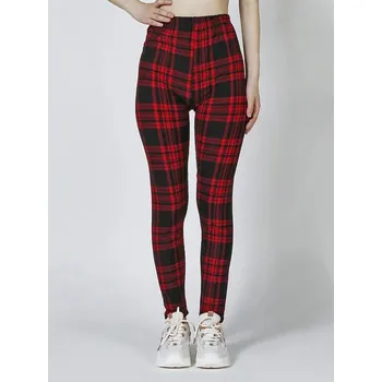 Dámské kalhoty Dámské elastické legíny s potiskem (16-30) Barva: Red Black Grid, Velikost: XXL