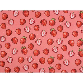 Bavlněná metráž / imitace lnu hrubší, jahody, barva růžová