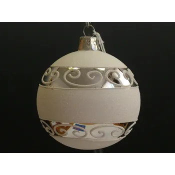 Vánoční ozdoba Vánoční skleněné koule 7cm, hladké, stříbrné, lesk, bílý plastický dekor 6ks