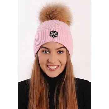 Čepice R-JET Ohrnutá světle růžová dámská zimní pletená čepice s pravou kožešinovou bambulí