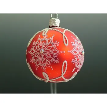 Vánoce Vánoční skleněné koule 8cm, hladké, červené, mat, bílý plastický dekor se šatony, 6ks