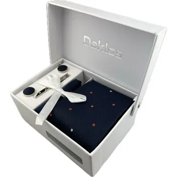 Kravata Luxusní set tmavě modrý s červenými a stříbrnými puntíky - Kravata, kapesníček, manžetové knoflíčky, kravatová spona