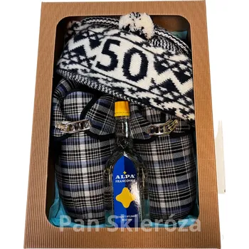 Čepice Pegres Bačkory s přezkou, narozeninová zmijovka 50 a francovka v dárkové krabici