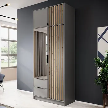 Šatní skříň Šatní skříň NELLY 2D se zrcadlem + nástavec | 105 cm | šedá