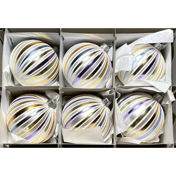 Vánoce Vánoční skleněné koule 8cm, stříbrné,mat, barevný dekor, 6ks