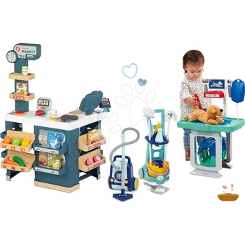 Hra na obchod Set obchod elektronický s váhou a skenerem Super Market a zvěrolékařský vozík Smoby s pejskem a úklidový vozík s vysavačem