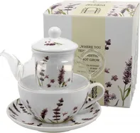 DUO Lavender porcelánový šálek se skleněnou konvičkou 200/300 ml levandulový