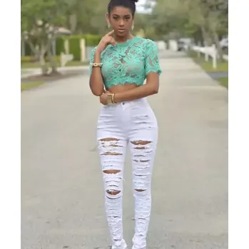 Dámské džíny Roztrhané dámské džíny s vysokým pasem - Bílý,M